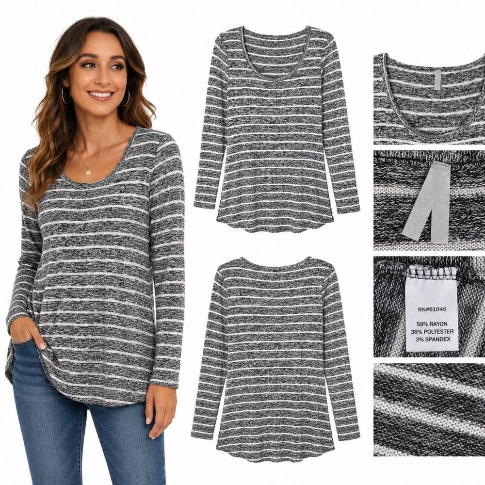 Vanity M Gray White Striped Soft Knit Long Sleeve Top